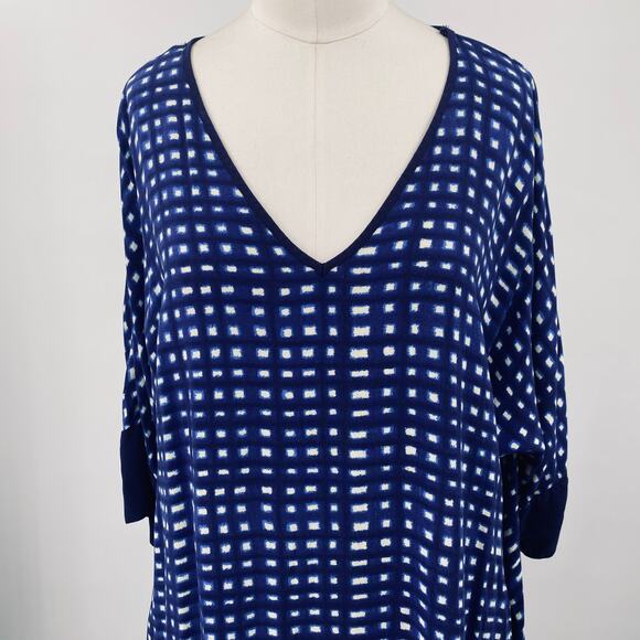 Natori Kaftan Midi Dress V Neck Domlan Sleeve Relaxed Fit Printed Blue White S - Picture 2 of 8